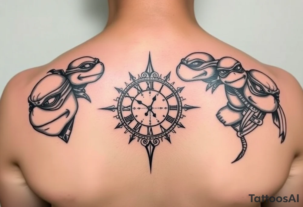 give me a full front neck tattoo of the 4 ninja turtles on the right and danny phantom on the left with a clock in the middle in all black ink tattoo idea
