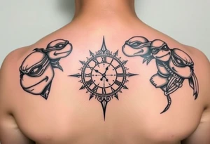 give me a full front neck tattoo of the 4 ninja turtles on the right and danny phantom on the left with a clock in the middle in all black ink tattoo idea