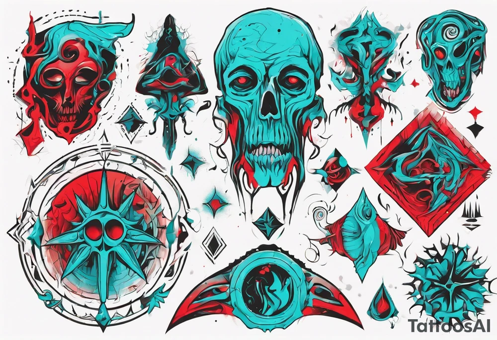 an art in the style of abstract, lovecraft, textured pigment planes, red and cyan, stencil art tattoo idea