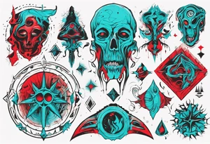 an art in the style of abstract, lovecraft, textured pigment planes, red and cyan, stencil art tattoo idea