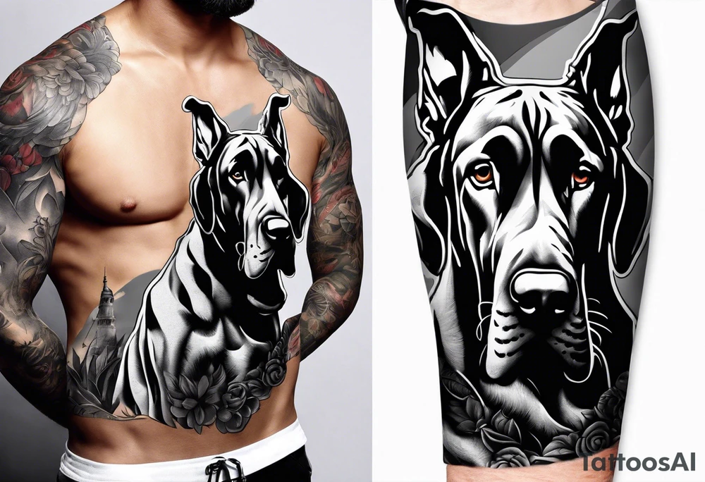 Arm sleeve for man-  with floppy ear Great Dane standing fiercely chest up with outdoors fill work around it tattoo idea