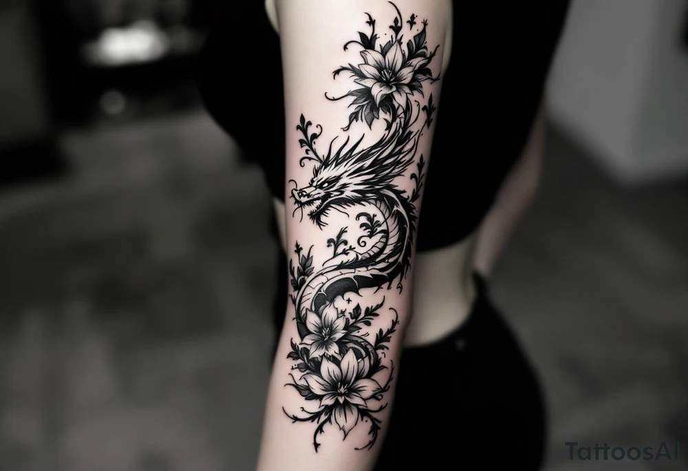 un dragon central entouré de fleurs de lys de style avec des ombrages dans un style assez fin tattoo idea