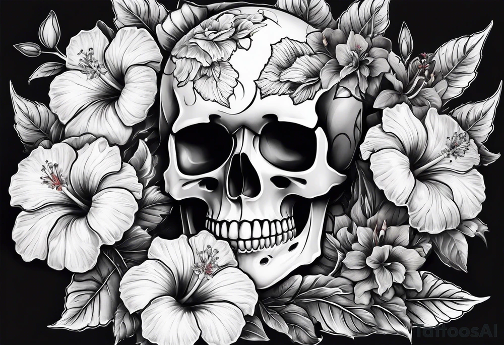 a female skeleton with hibiscus flower. tattoo idea