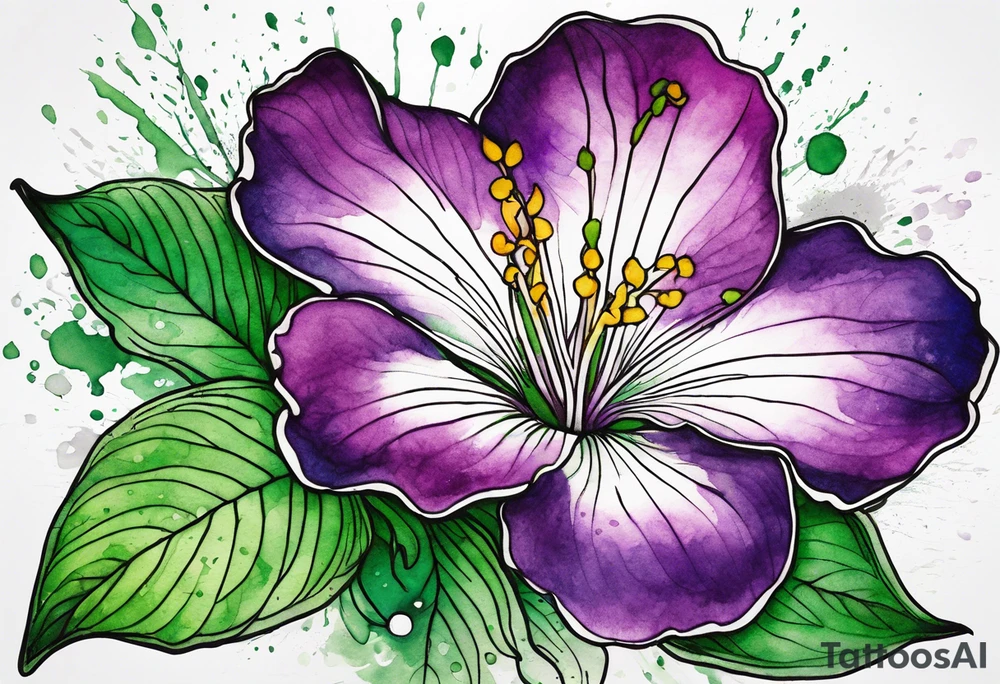 An outline of a rio dipladenia flower with a mystical green/purple watercolor splash in the background tattoo idea