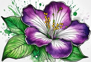 An outline of a rio dipladenia flower with a mystical green/purple watercolor splash in the background tattoo idea