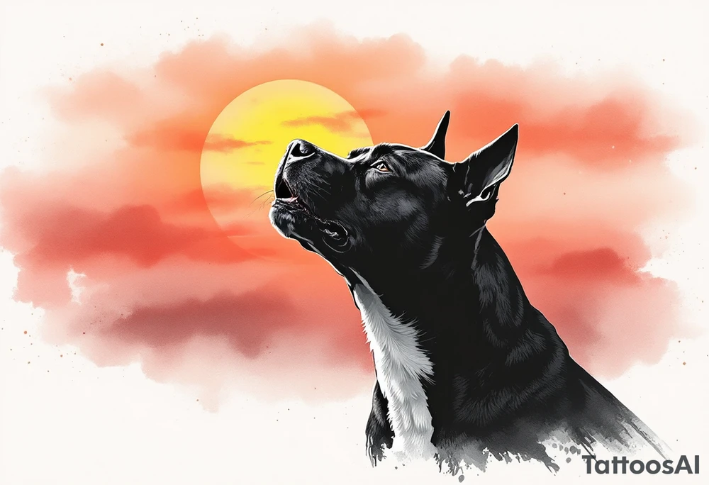 Pitbull howling in front of a sunset, silhouette-style with black fur outlines, warm orange, red, and pink sky blending in the background for a serene yet powerful effect. tattoo idea