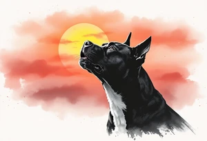 Pitbull howling in front of a sunset, silhouette-style with black fur outlines, warm orange, red, and pink sky blending in the background for a serene yet powerful effect. tattoo idea