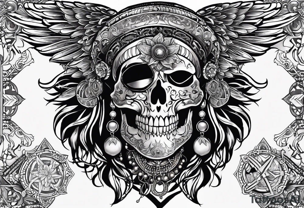black kali, goddess pirate, alien, pachamama, valkrye, warrior, skull, lotus azul, wing, eagle, zenza resonance, stars, 5D tattoo idea
