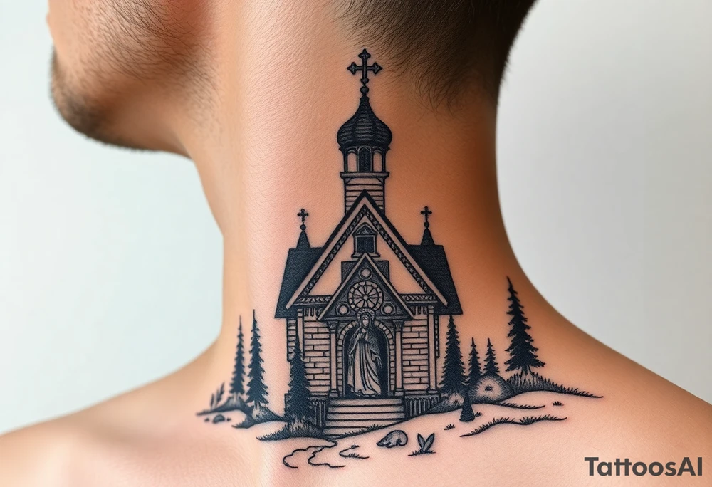 Traditional russian orthodox church in a wilderness setting with a prominent orthodox style virgin mary tattoo idea