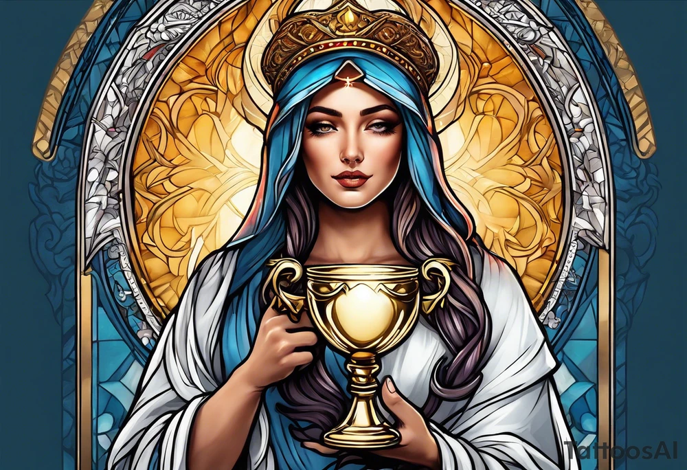 holy saint woman with halo holding a chalice tattoo idea