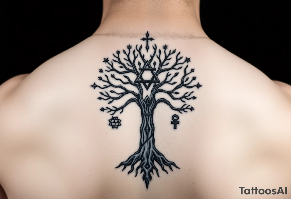 geometrical mystical tree of life with the star of David and cross cosmic roots and celestial symbols branches with HIV-positive symbol tattoo idea