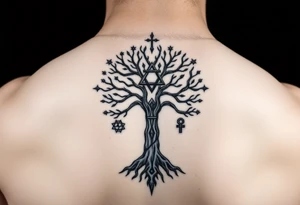 geometrical mystical tree of life with the star of David and cross cosmic roots and celestial symbols branches with HIV-positive symbol tattoo idea