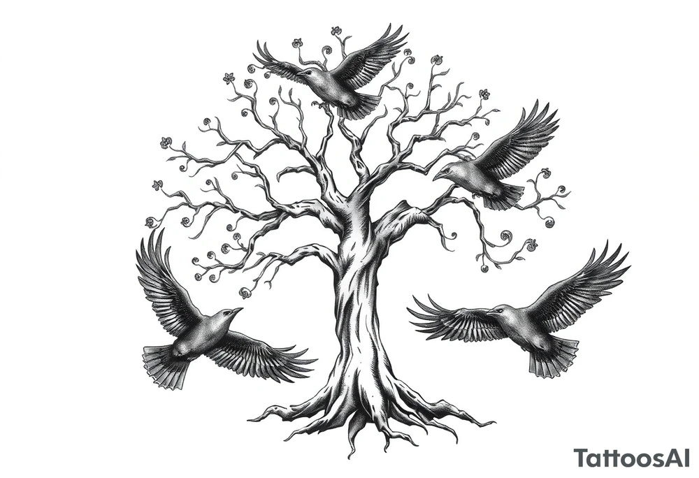 Irish family tree with 3 flying ravens tattoo idea
