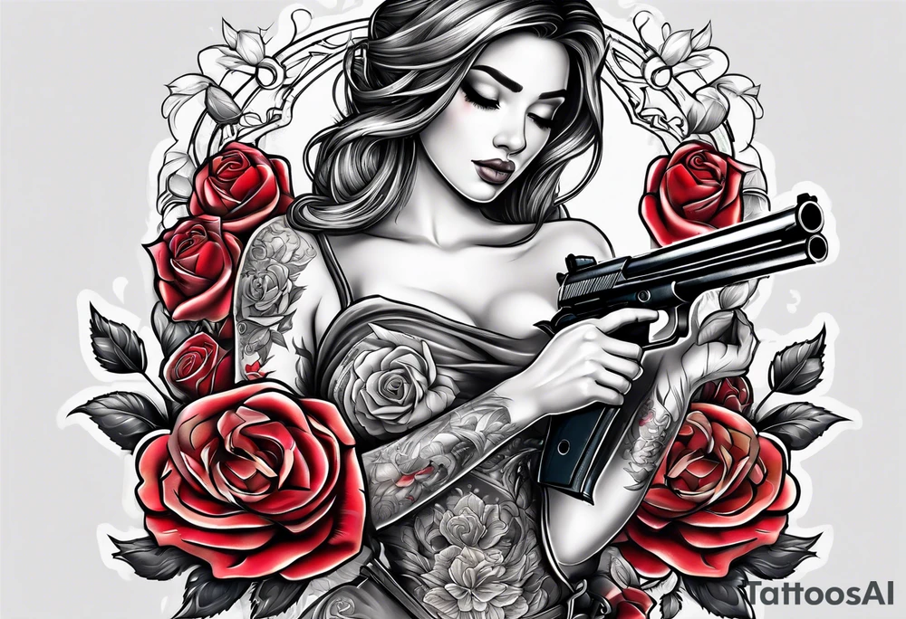 Beautiful angle with tattoos surrounded by roses holding a gun tattoo idea