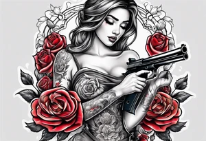 Beautiful angle with tattoos surrounded by roses holding a gun tattoo idea