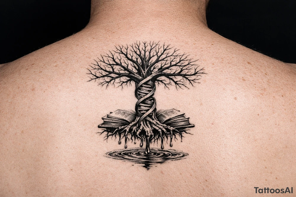 tree of life with a dna spiral for the trunk, bare branches spreading out at different lengths to represent speciation/evolution, and roots sprouting through open books to represent knowledge, with water dripping from the roots into a puddle tattoo idea