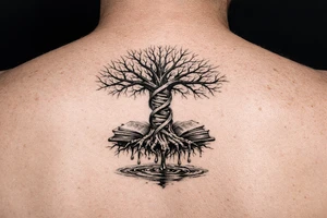 tree of life with a dna spiral for the trunk, bare branches spreading out at different lengths to represent speciation/evolution, and roots sprouting through open books to represent knowledge, with water dripping from the roots into a puddle tattoo idea