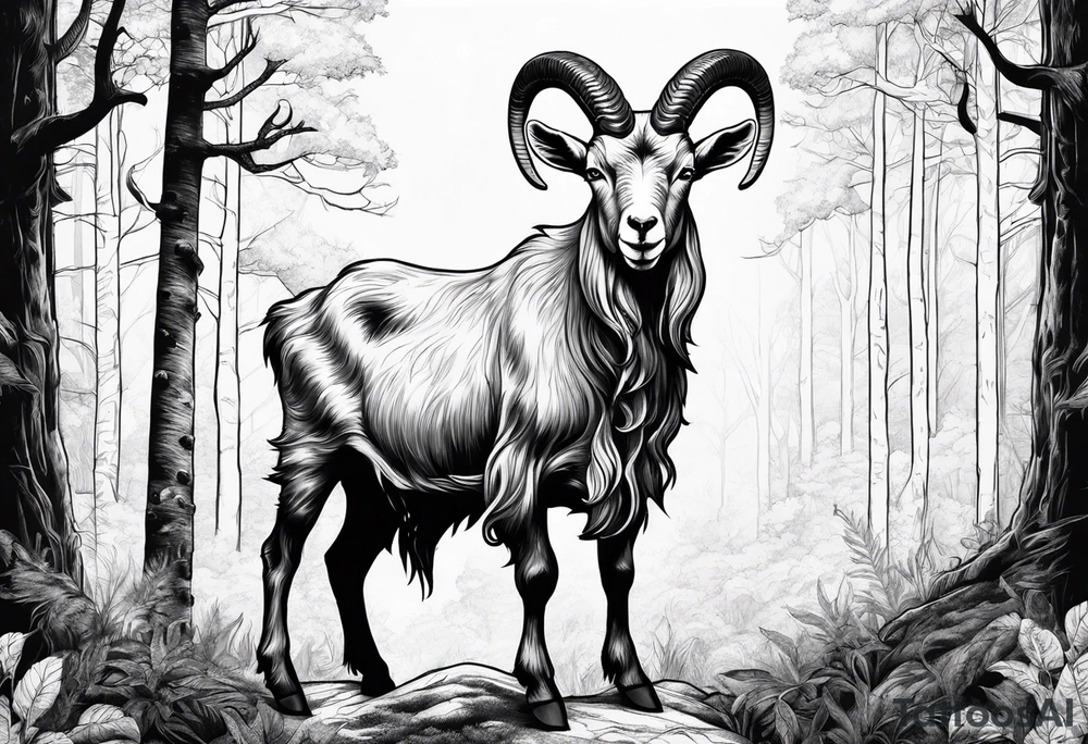 Satanic goat with horns (full body) in a forest tattoo idea