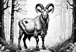 Satanic goat with horns  (full body) in a forest tattoo idea
