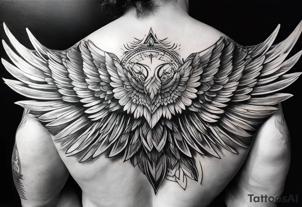 wings extending from a mens shoulders, covering the upper arms and upper back. The feathers are intricately detailed, with soft shading in black and gray to create depth and texture. The wings gently converge in the middle of the back, forming a harmonious and cohesive design. tattoo idea