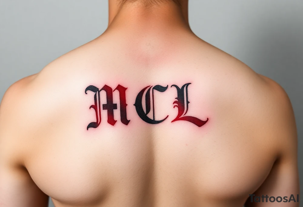 realistic tattoo design of "MCL" on upper left  side of chest, shaded to look as if tattoo was carved into the skin, red and black tattoo idea