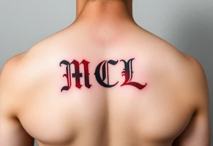 realistic tattoo design of "MCL" on upper left  side of chest, shaded to look as if tattoo was carved into the skin, red and black tattoo idea