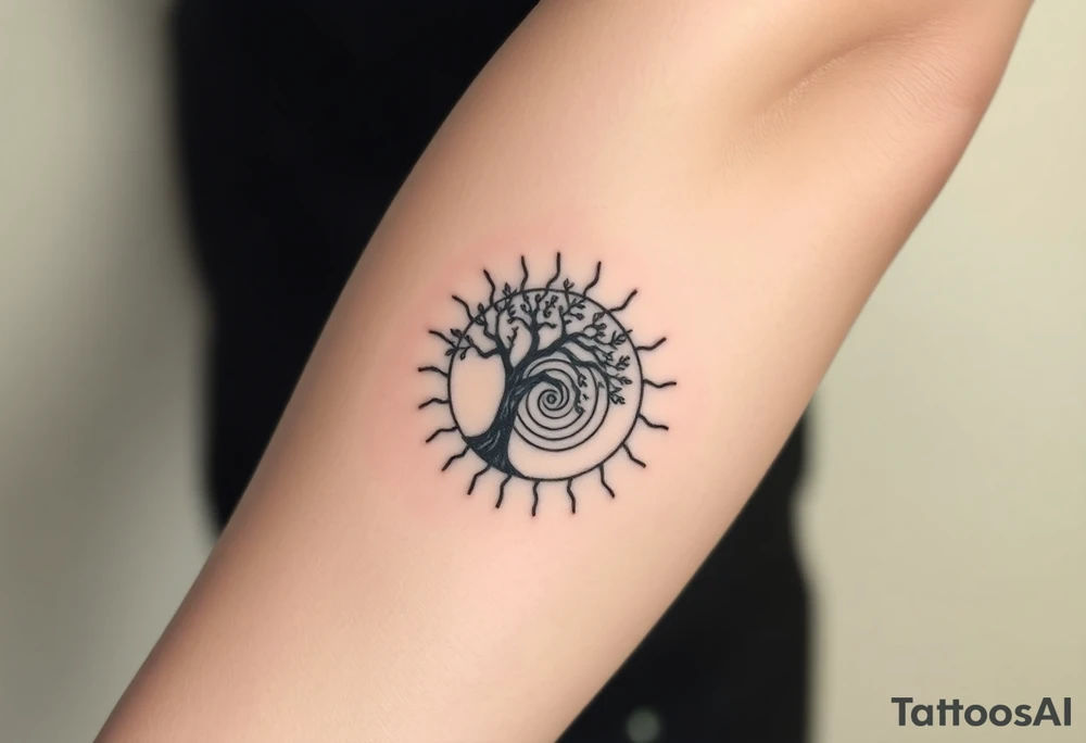 Tree inside of a Fibonacci spiral sun tattoo idea