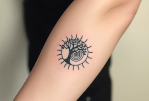 Tree inside of a Fibonacci spiral sun tattoo idea