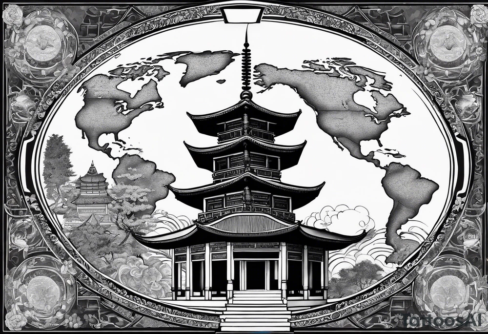 a old world map as the background with a small Buddhist temple at the bottom tattoo idea
