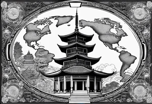 a old world map as the background with a small Buddhist temple at the bottom tattoo idea