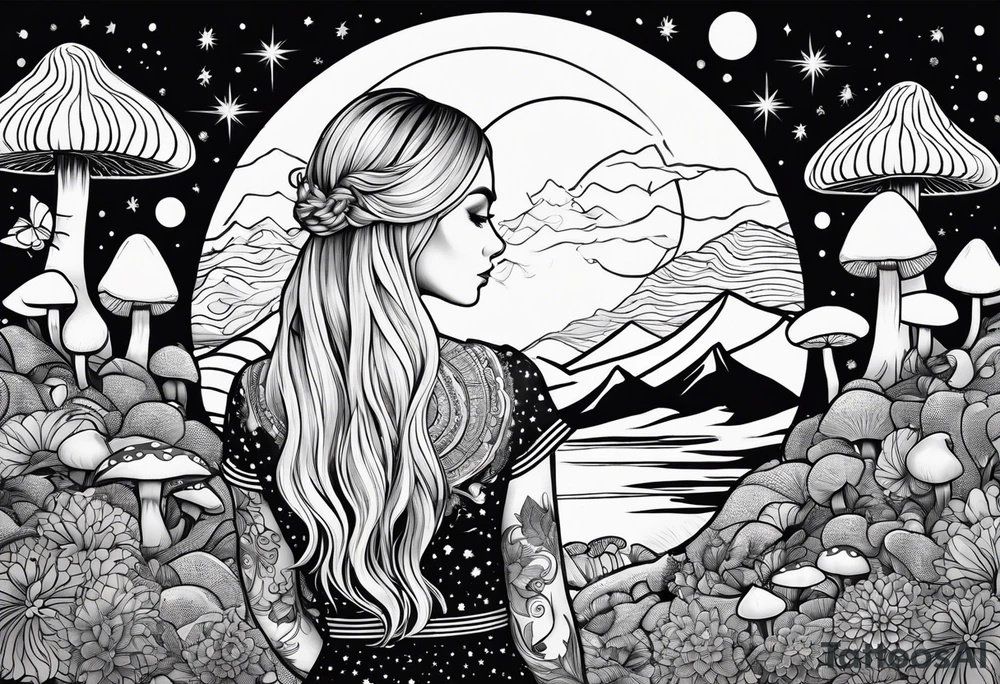 Straight blonde hair girl facing away toward mountains surrounded by mushrooms crescent moon mandala circular design black and white striped dress infinity symbol tattoo idea