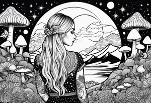 Straight blonde hair girl facing away toward mountains surrounded by mushrooms crescent moon mandala circular design black and white striped dress infinity symbol tattoo idea