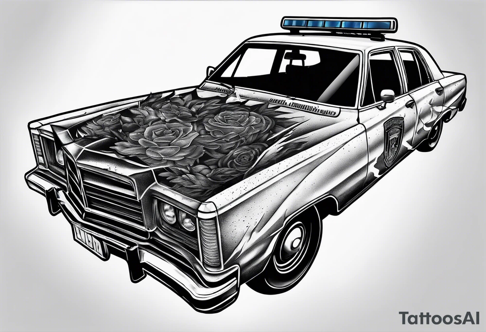 destroyed police car on fire, more realistic tattoo idea