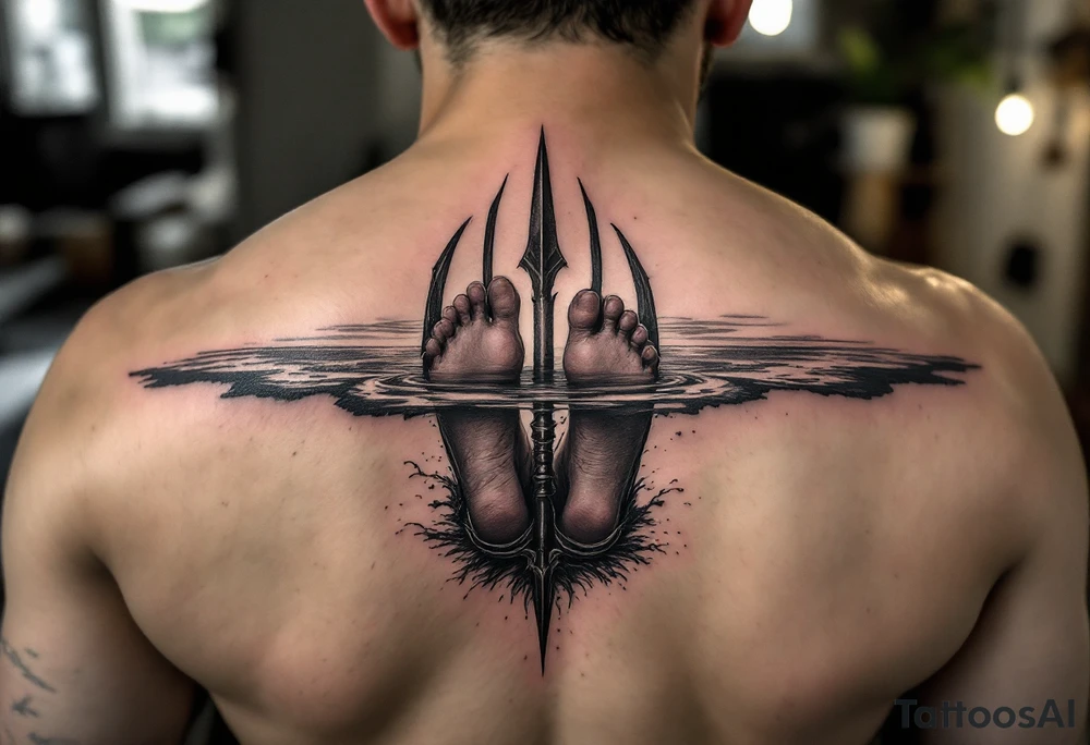 barefeet behind trident half way under water and sunset tattoo idea