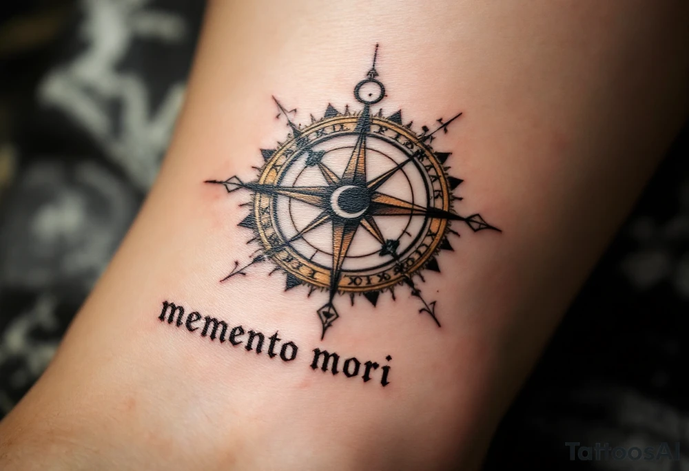 A cracked sundial in old bronze hues, casting a shadow over the words "memento mori" in distressed serif type. tattoo idea