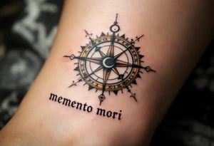 A cracked sundial in old bronze hues, casting a shadow over the words "memento mori" in distressed serif type. tattoo idea