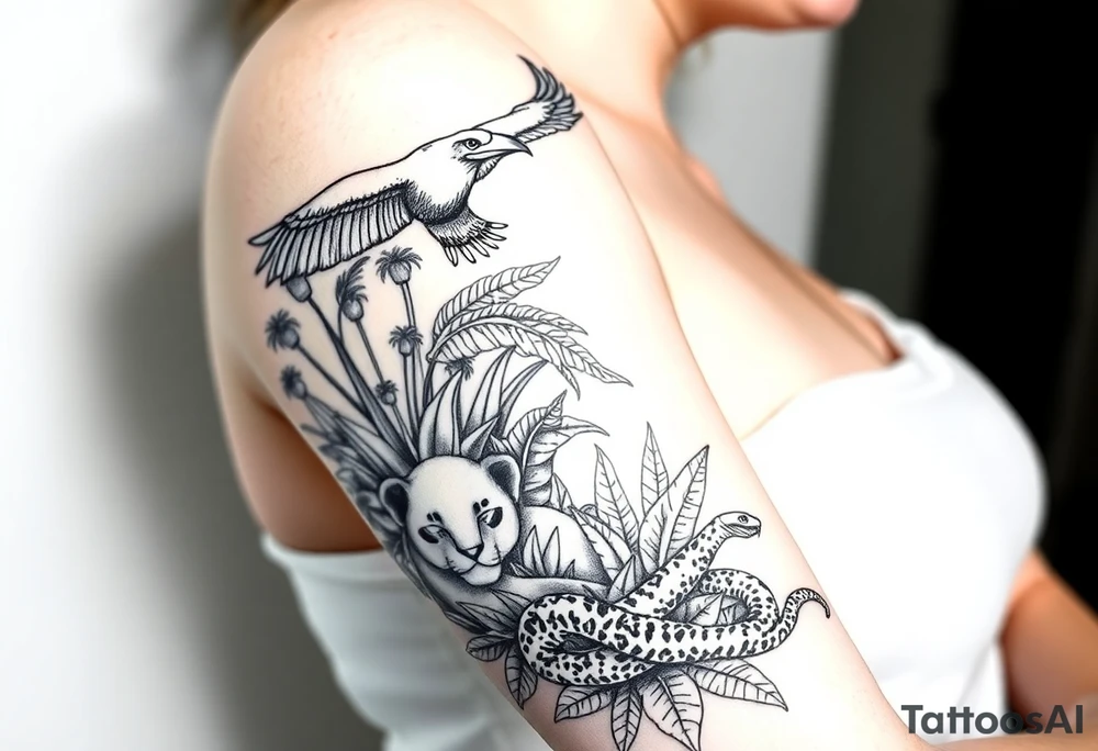 Fine line tattoo: Andean condor flying above Amazon rainforest, amongst the tropical foliage is a puma hiding with only its face exposed, towards the floor of the rainforest is a snake, also mostly hidden behind plants but its head and parts of its body are exposed. tattoo idea