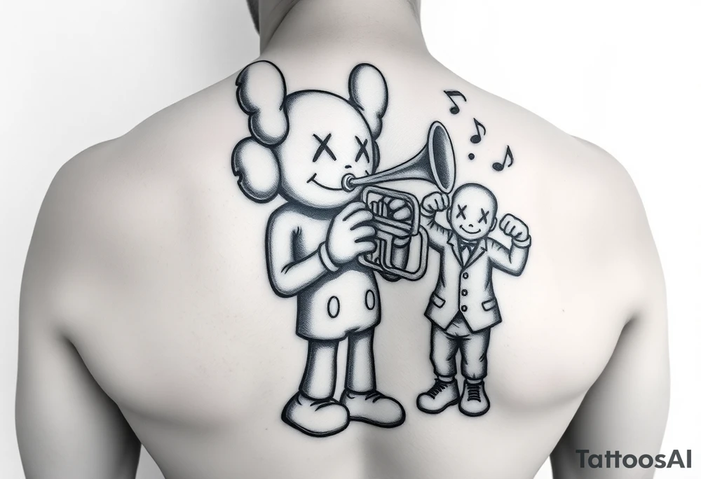 Kaws figure playing mellophone with notes coming out and a smaller kaws figure flexing money tattoo idea