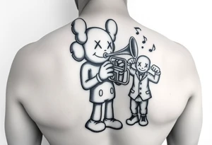 Kaws figure playing mellophone with notes coming out and a smaller kaws figure flexing money tattoo idea