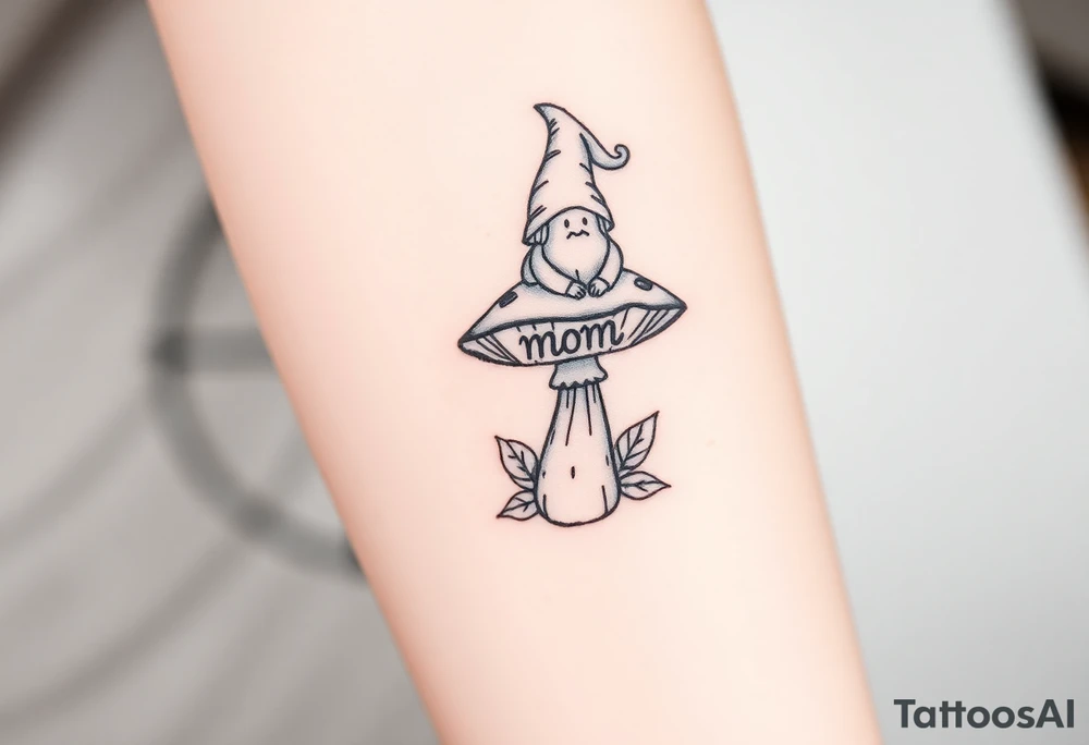 Mushroom with word mom on it with gnome sitting on top tattoo idea