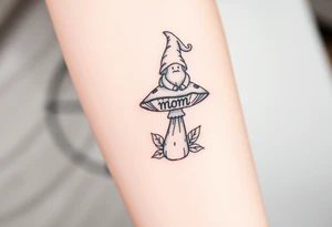 Mushroom with word mom on it with gnome sitting on top tattoo idea