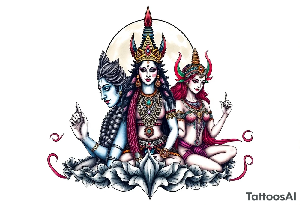Lord Shiva, Godess Kali, Godess Lilith Together with the moon in the background tattoo idea