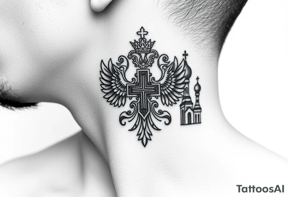 russian coat arms in a russian christian orthodox cross with the cross in the middle with a virgin mary & orthodox dome church on the side of the neck tattoo idea