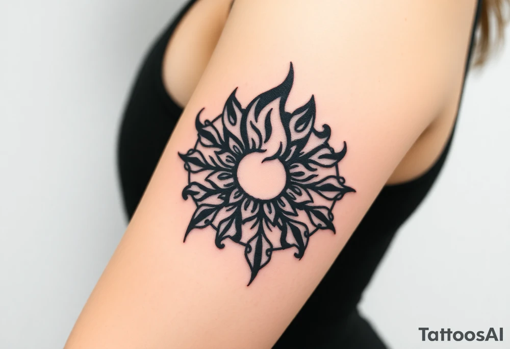 flame in a blooming roots circle tattoo idea