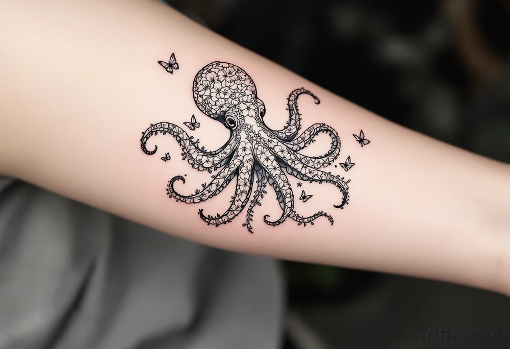 A simple fine-line tattoo design of a single octopus made entirely of flowers and butterflies. The octopus’s tentacles are shaped like flowing floral vines with leaves and petals, and its body is composed of overlapping blossoms and butterfly wings. Incorporate sacred geometry. The style is minimalist, elegant, and nature-inspired, with delicate black and grey lines, soft shading, and no outlines. No aquatic or marine elements besides the floral octopus. Simple. The design flows organically down the upper arm or shoulder, with a light, airy feel, minimalist tattoo idea