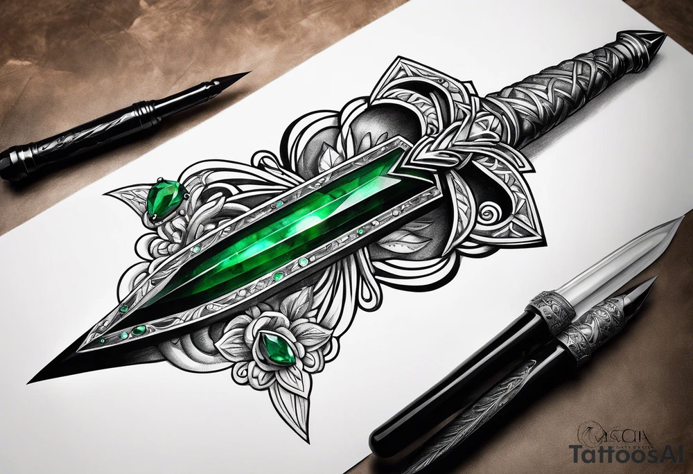 An athame dagger with the hilt turned upward and emerald gemstones tattoo idea