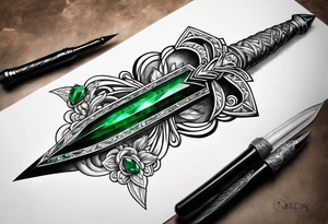 An athame dagger with the hilt turned upward and emerald gemstones tattoo idea