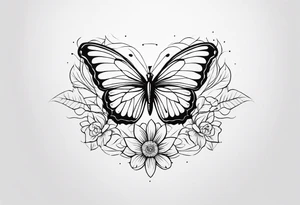a simple, black minimalist chest tattoo with a butterfly in the centre and flowers elegantly behind it floating elegantly in horizontal position towards the shoulders tattoo idea