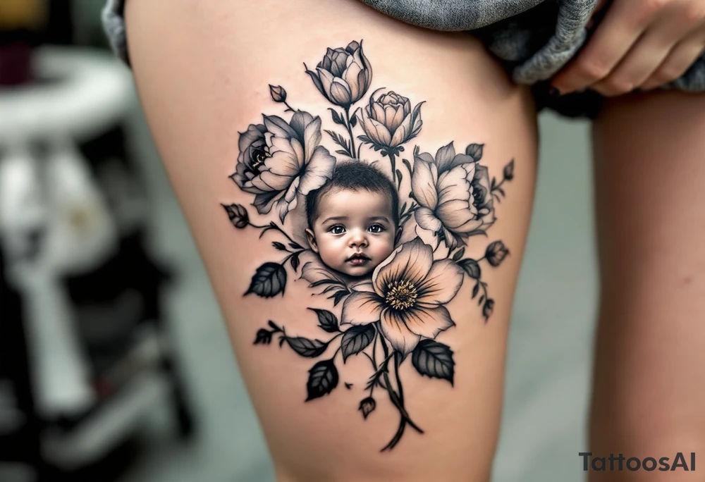 A row of birth flowers with the son’s toddler face in the center, highlighted in full color, while others are shaded in black. tattoo idea