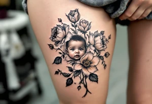 A row of birth flowers with the son’s toddler face in the center, highlighted in full color, while others are shaded in black. tattoo idea